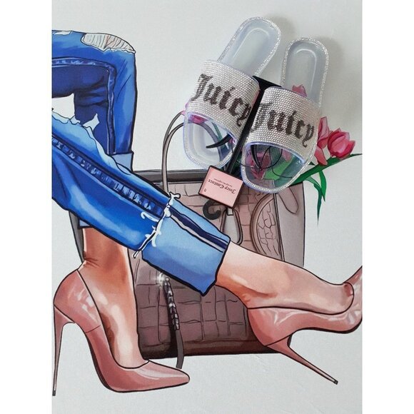 NWT Juicy Couture crystal rhinestone embellished logo flat sandal slides, 8 - Picture 1 of 16